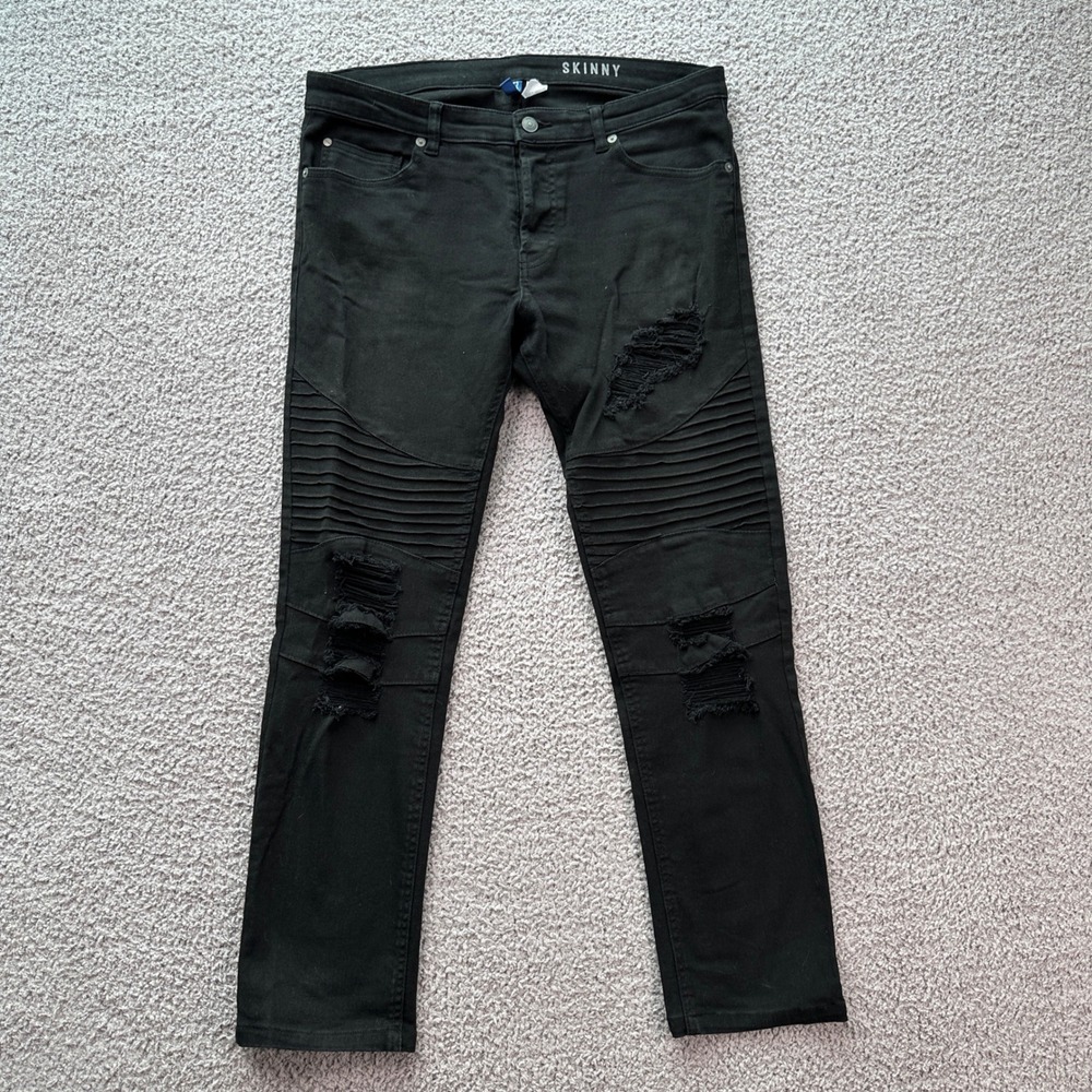 H&M Divided Mens Black Skinny Moto Jeans 33x29 Biker Ripped Distressed Denim